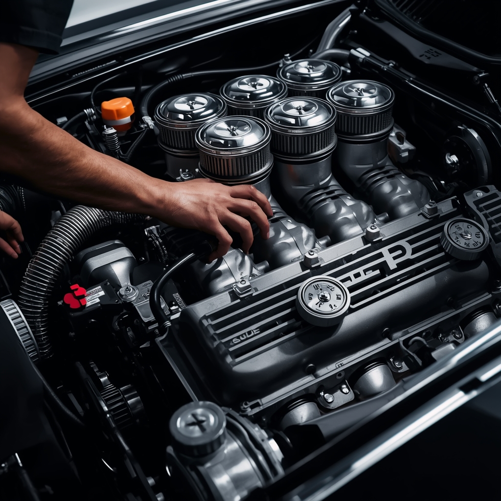 Close-up of a mechanic hand adjusting a high-performance twin-turbo engine with chrome details, dramatic lighting, professional photography